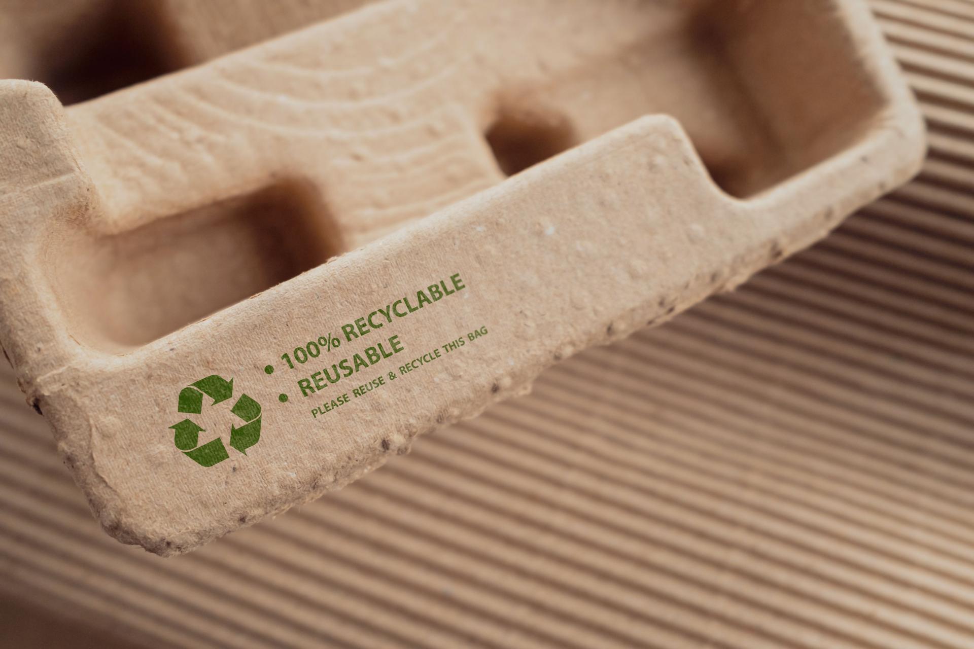 Brown paper bag that is 100% recyclable and reusable with green recycling symbol. Ecology environmental safety concept
